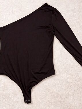 Express Body Contour One Shoulder Bodysuit Chocolate Brown Long Sleeve